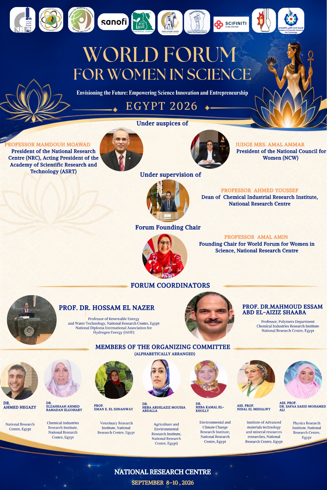 World Forum for Women in Science, Egypt 2026 — patronage, supervision, founding chair, coordinators and organizing committee